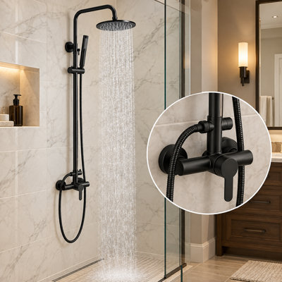 Ensemble de robinet de douche exposé noir mat Mosson avec pomme de douche à pluie ultra-mince de 8 pouces et douche à main en cuivre, système de douche à barre coulissante murale en acier inoxydable