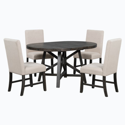 5-Piece Retro Functional Dining Set With Extendable Round Table With Removable Middle Leaf And 4 Upholstered Chairs For Dining Room And Living Room (B -  Red Barrel StudioÂ®, 7569918892CB4BA5BA2DCEAE007D38F3