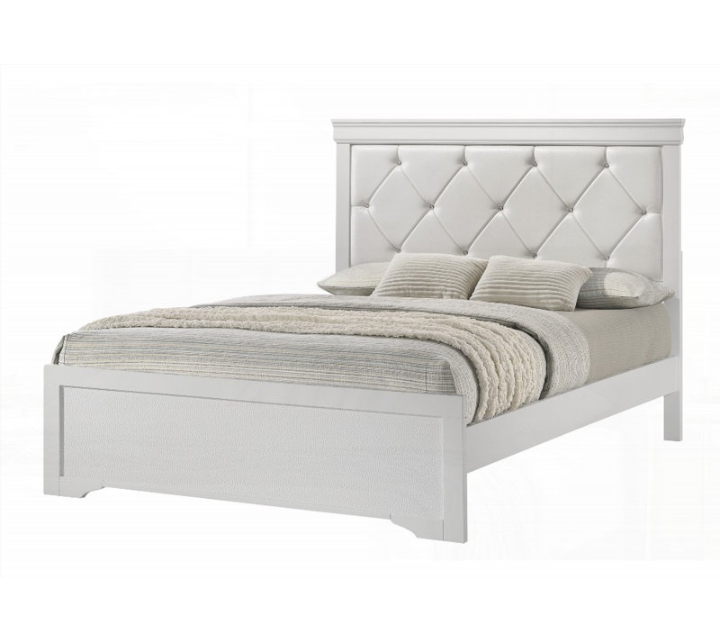 Lit à panneaux moderne grand / très grand avec tête de lit tapissier, finition blanche, aucun sommier requis, meubles en bois durable