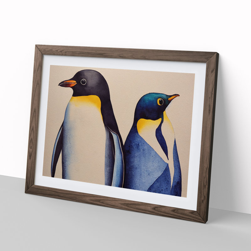 Watercolour Penguins - Single Picture Frame Print, 34cm H x 46cm W x 2cm D, Walnut Framed