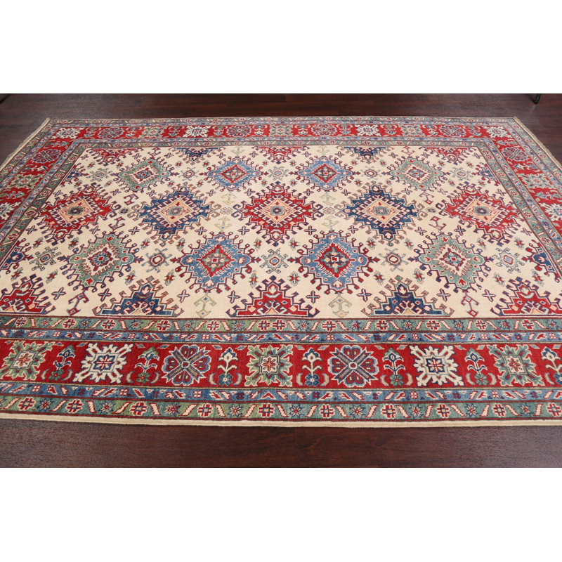 Tapis unique en laine noué à la main ivoire / rouge / bleu nouvel âge 6 pi 7 po x 9 pi 11 po