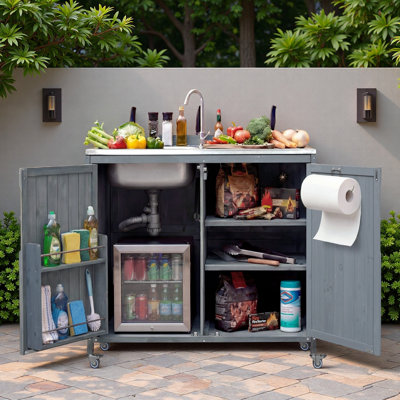 Îlot de cuisine extérieur avec évier en acier inoxydable, supports de rangement internes, tablettes et roues réglables