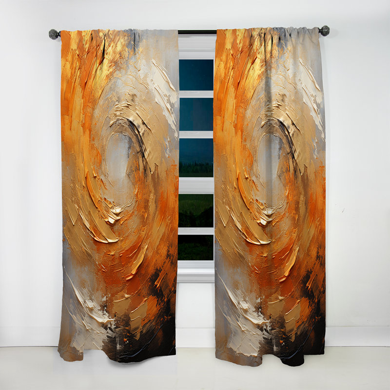 Rideau obscurcissant à motif abstrait spirale dorée et orange, L 52 po x L 84 po