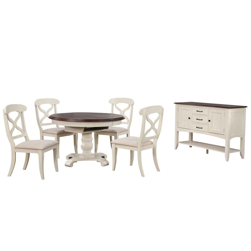 Zechari Pedestal Dining Set, 6 Pieces: Table, Bench, 4 Chairs