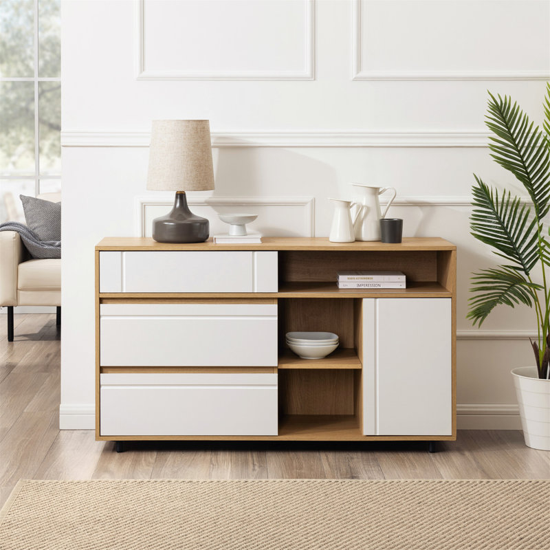 Buffet de rangement ouvert polyvalent avec tablettes réglables et tiroirs lisses, Light Brown
