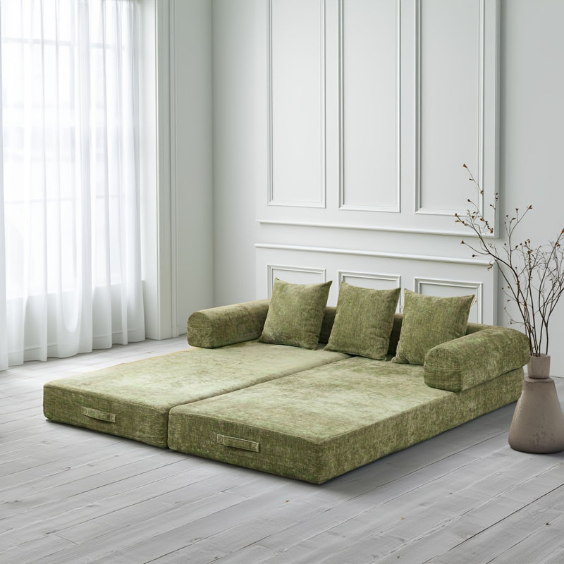 Green Comfy Convertible Folding Mattress Couch – Chenille Floor Sofa Bed With Armrest For Living Room, Bedroom, Lounge, Studio