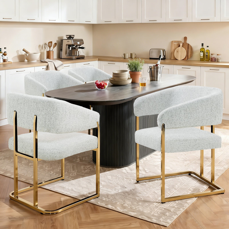 Modern 22" Seat Wide Metal Frame Chenille Upholstered Armchair Dining Chair (White), White