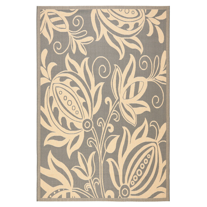 Gray and Natural Floral Motif Outdoor Area Rug 5' x 7'
