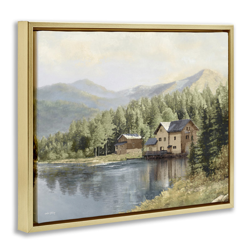 Art mural sur toile flottante avec vue sur la montagne Lakeside, H 17 po x l 21 po, Cadre flottant métallique doré