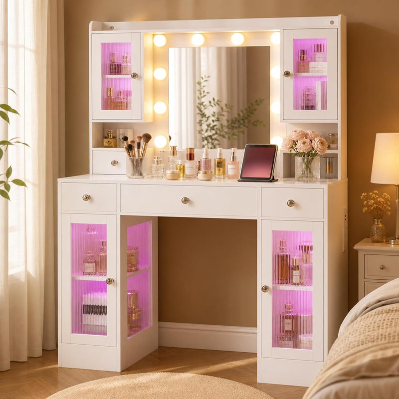 43.3" Makeup Vanity Desk with Mirror & Lights, Vanity Table with Power Outlet, 4 Drawers, Open Shelving & 4 Large RGB Transparent Cabinets for Bedroom