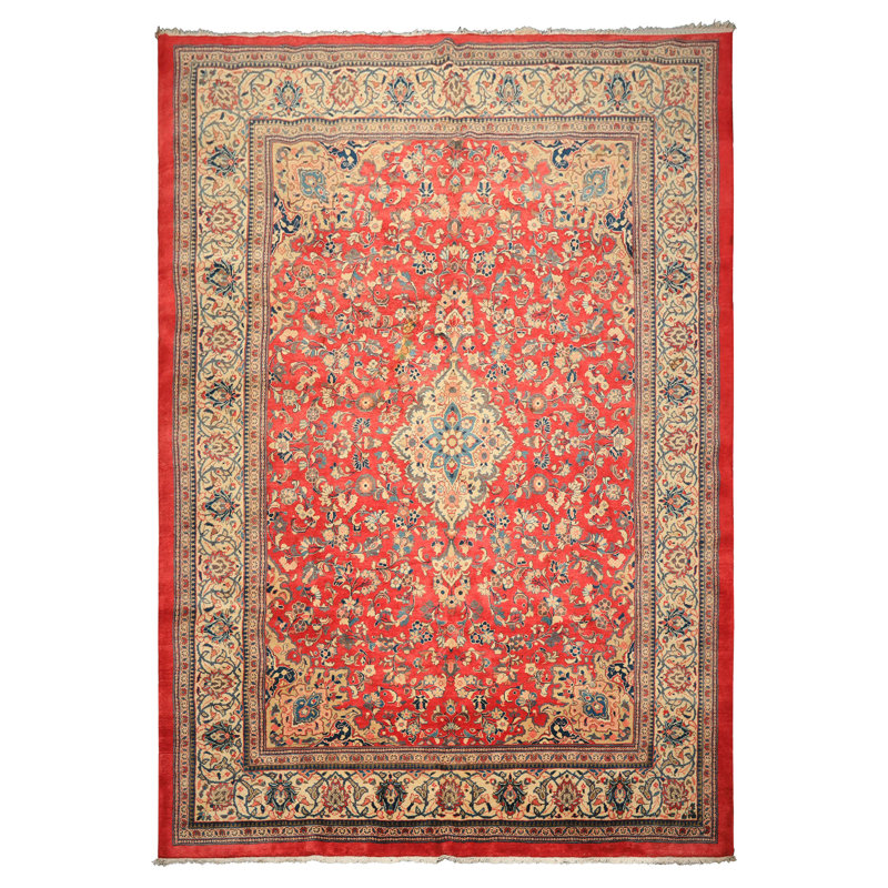 Tapis traditionnel rose en laine noué à la main 9 pi 4 po x 13 pi 2 po