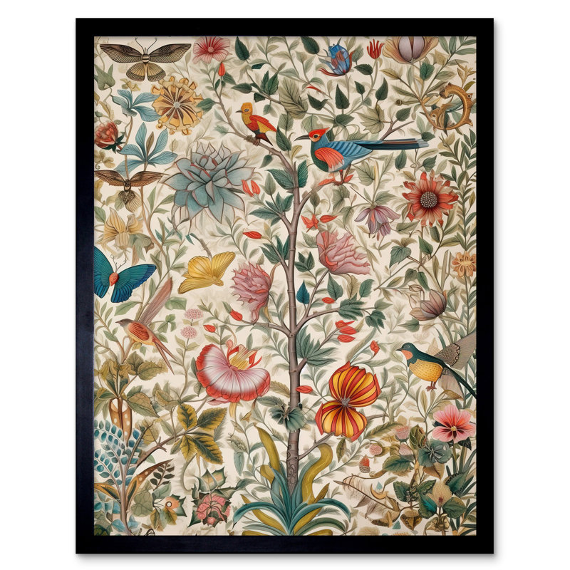 Butterflies And Flower Plants Pattern Folk Art Watercolour Painting Art Print Framed Poster Wall Decor 12x16 inch
