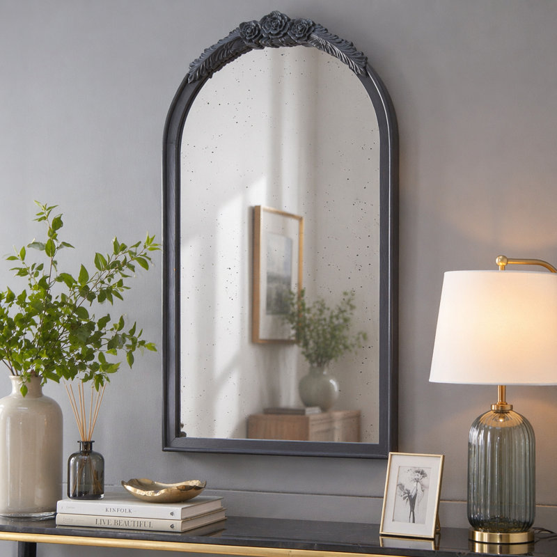 Cadre de miroir antique rose sculpté à la main, 23 po x 42 po, Noir