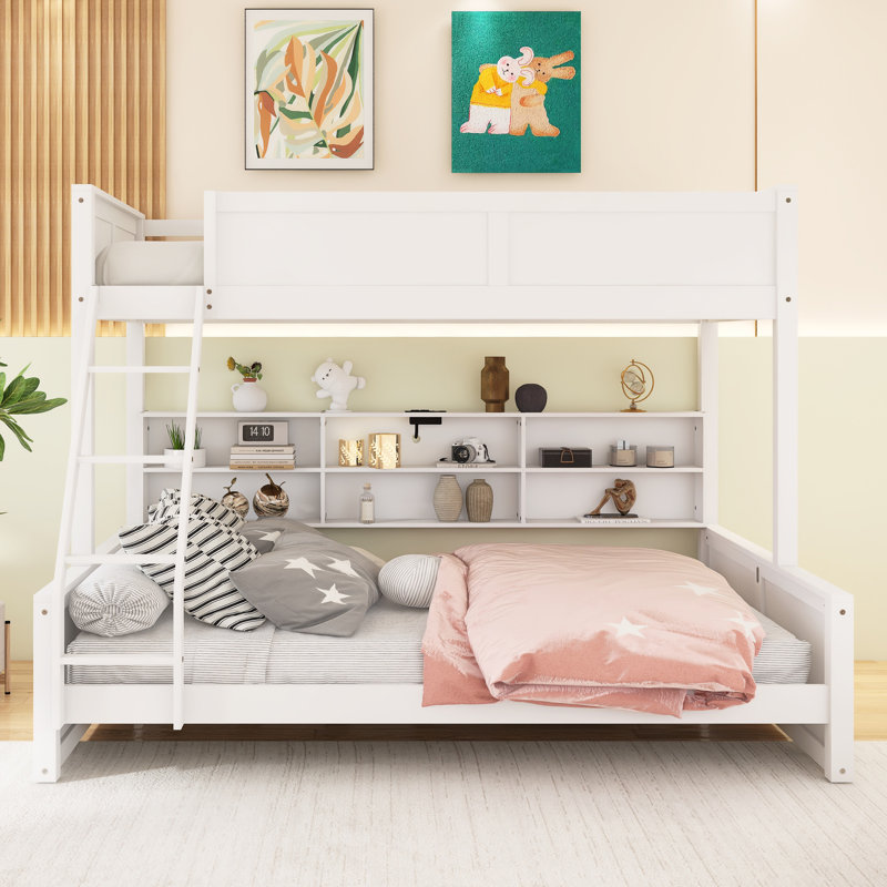 Lit simple superposé au-dessus de grand lit simple avec armoires de rangement et ports USB, Jumeaux sur complet, Blanc