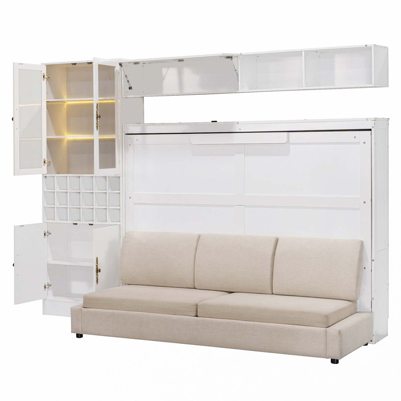 Murphy Bed Wall Bed With Sofa , Shelves USB & Light, Gray/White