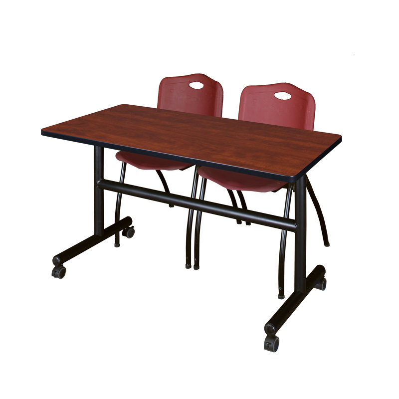 Nicklos Flip-Top Training Nesting Table, 2 M Stack Chairs, 48" W x 24" D, Cherry/Burgundy