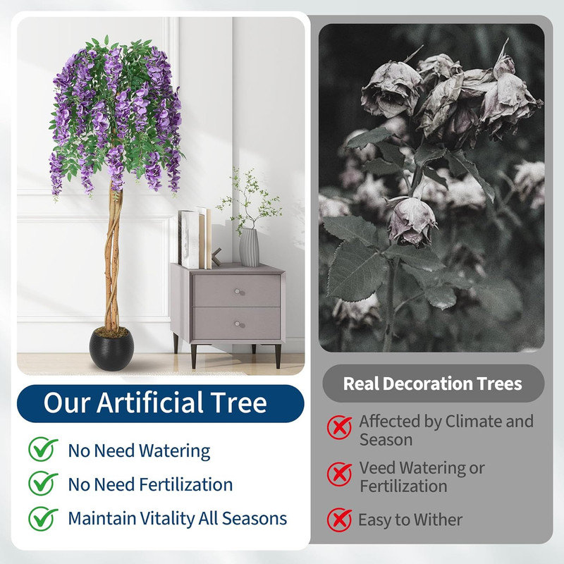 Arbre à fleurs artificiel mauve 4 / 5FT, plante en soie en pot de ciment pour la maison et le bureau, 60 po x 10 po