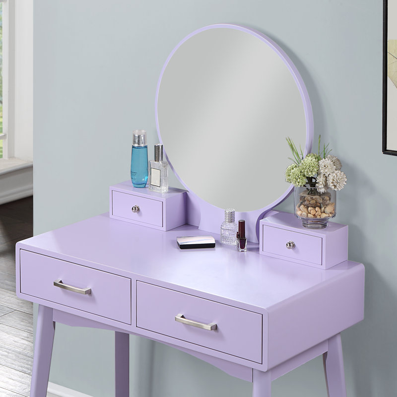 Contemporary Purple Vanity And Stool - Wood With Stool, Round Mirror, 12.6"W Dimension Table , Solid Construction, Purple