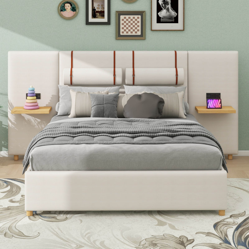 Grand lit plateforme tapissier avec deux prises et ports USB de chaque côté, Beige
