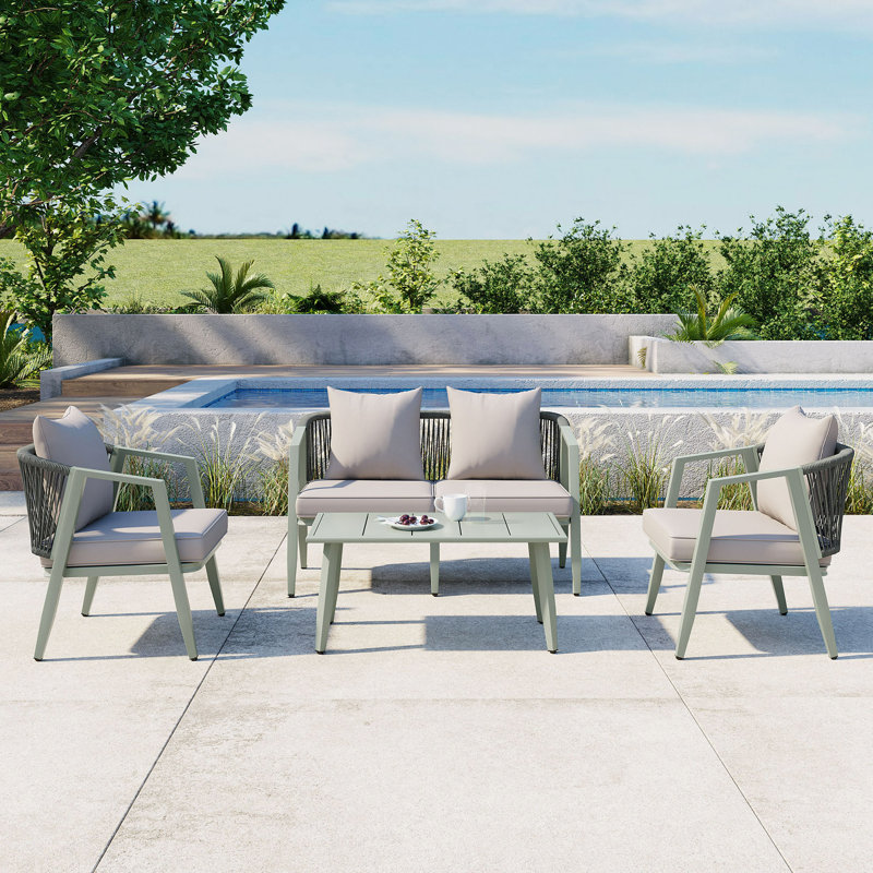 Durable And Comfortable Outdoor Seating Set,Suitable For Patios, Lawns, And Poolsides, Light Gray Cushion/Green Frame