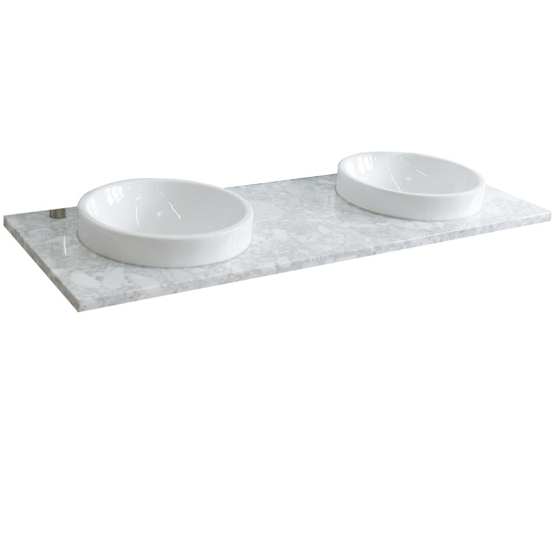 Plateau de meuble-lavabo double 61 "avec lavabo, Marbre de Carrare blanc