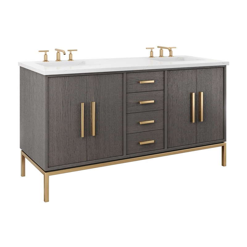 Rift White Oak Double Bath Vanity, 60", Gray Weathered, Satin Gold
