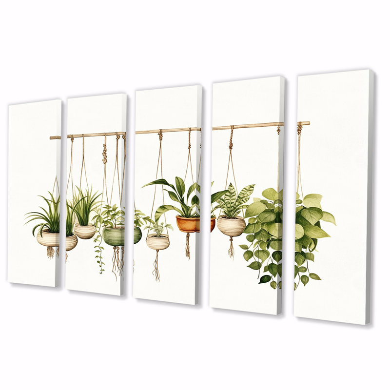 Plantes botaniques décoratives suspendues - reproduction sur toile - 5 panneaux égaux