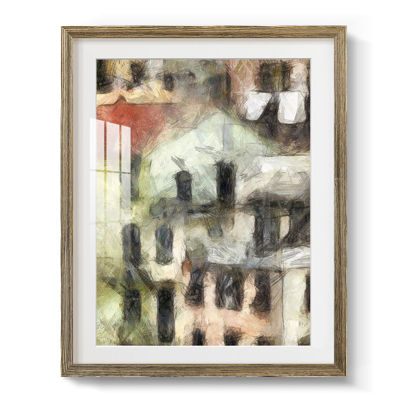 Maisons empilées II, Papier avec cadre noyer, Blanc