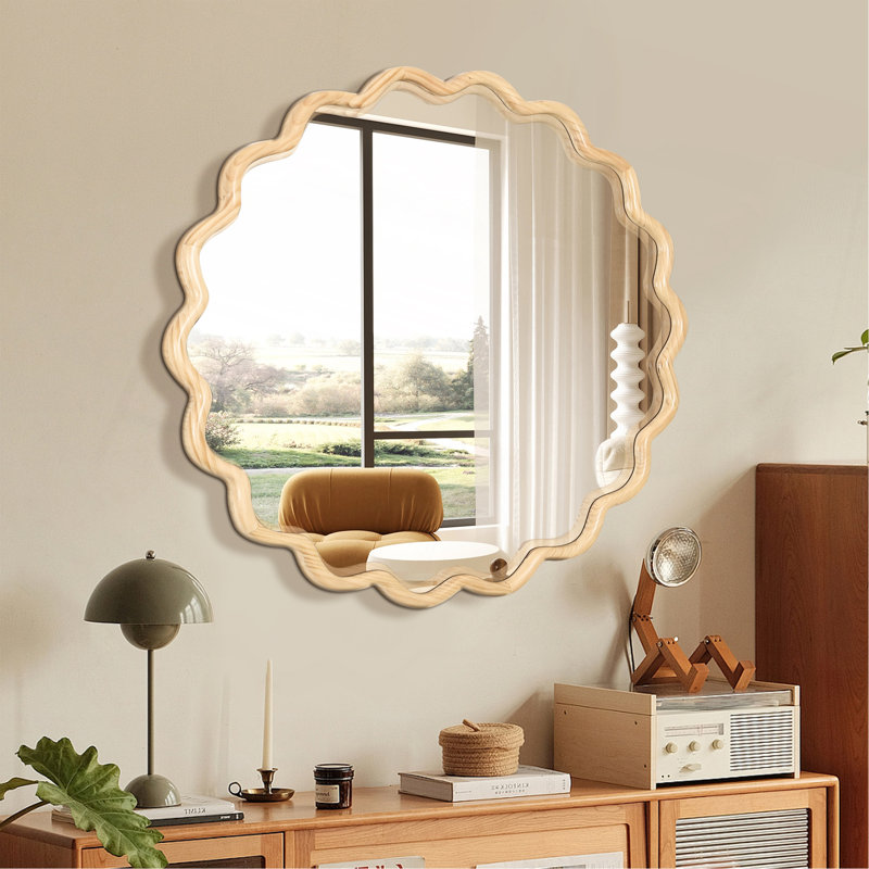 Exquis miroir en bois massif ondulé pour la décoration intérieure, rehaussant tout espace, Gold, 41,7 po x 41,7 po