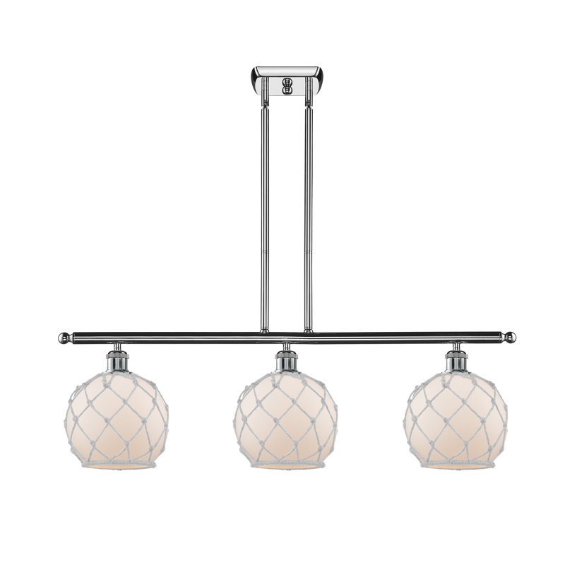 Luminaire suspendu linéaire à 3 lumières pour îlot de cuisine Hildebrandt Farmhouse, Blanc avec corde blanche, Chrome poli