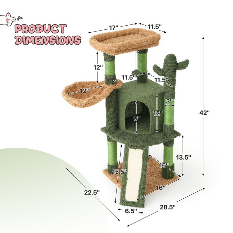 42" Cactus Cat Tree Condo, Multi-Level Tower with Scratching Posts, Perch, Ramp and Hammock for Cats
