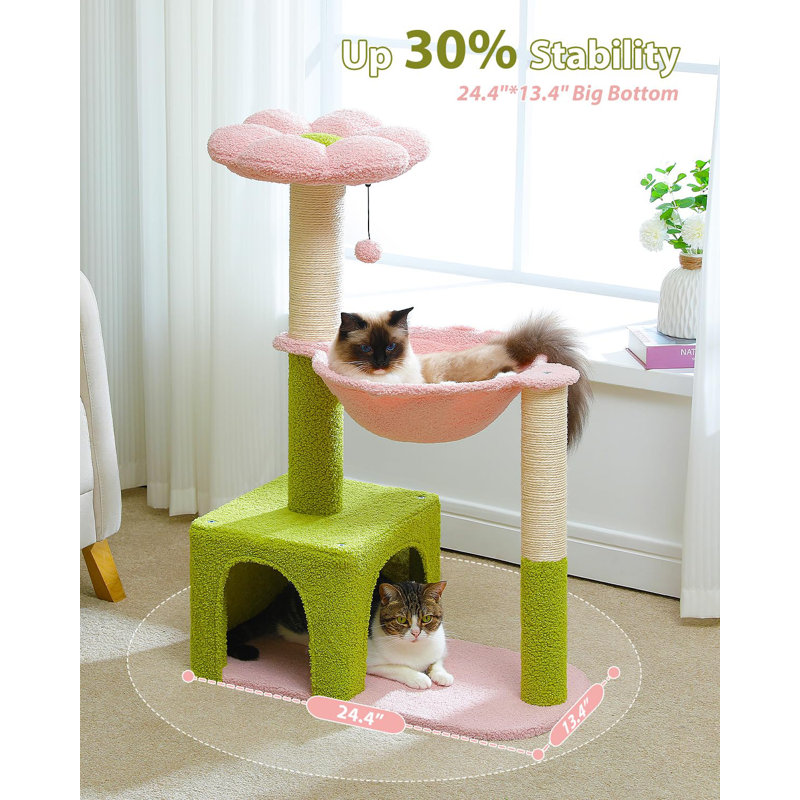 Flower Cat Tree With Large Metal Frame Hammock, 35" Cute Cat Tower With Sisal Scratching Posts For Small Indoor Cats, Cat Condo With Pink Top Perch For Kittens, Pink
