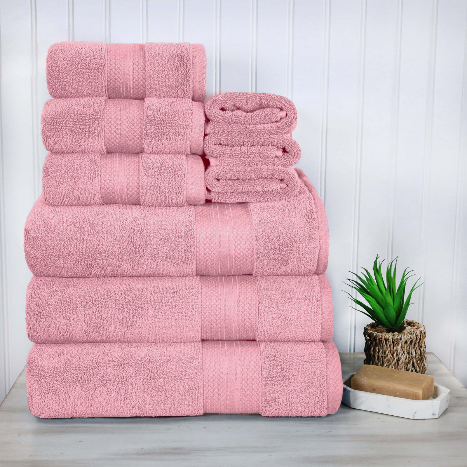 Finnian Turkish Cotton Bath Towel, Coral Pink, 9 Piece Towel Set