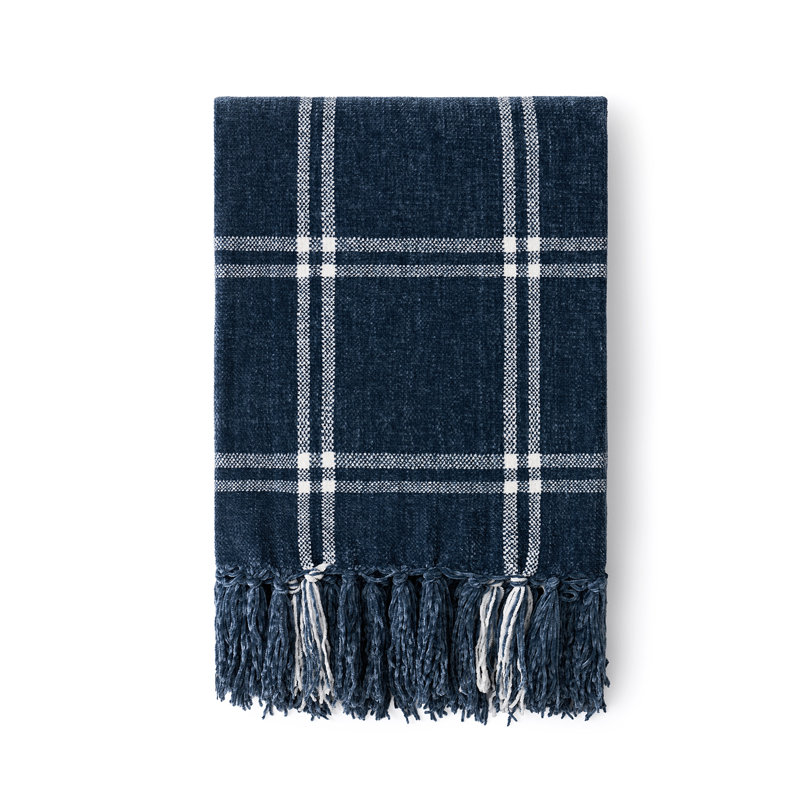 Jeté en chenille douce, L 60 po x l 50 po, Bleu marine / écossais blanc