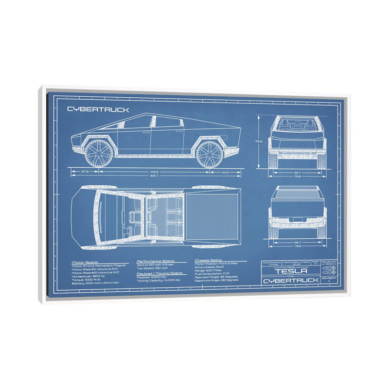 Blueprint de Tesla (2020-2022)-impression de dessin, Pas de tapis, H 18 po x l 26 po x P 1,5 po, Toile blanche encadrée