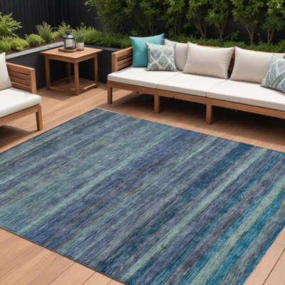 Tapis extérieur lavable rayé bleu et gris 10 pi x 14 pi