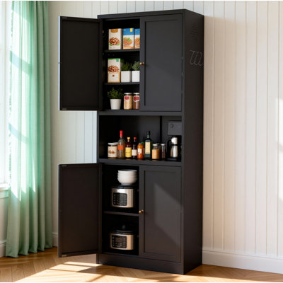 Armoire de rangement de 72 po de hauteur en acier noir avec grand comptoir, tablettes et crochets réglables, armoire robuste de style moderne