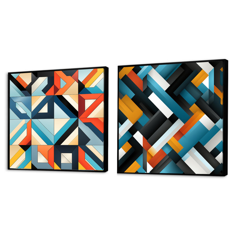 Daejah - Ensemble de 2 collages de formes carrées abstraites, Cadre flottant noir, H 36 po x l 73 po