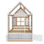 Lit plateforme simple avec tiroirs, lit maison en bois massif avec tablettes, conception enfantine, blanc et naturel-613612549