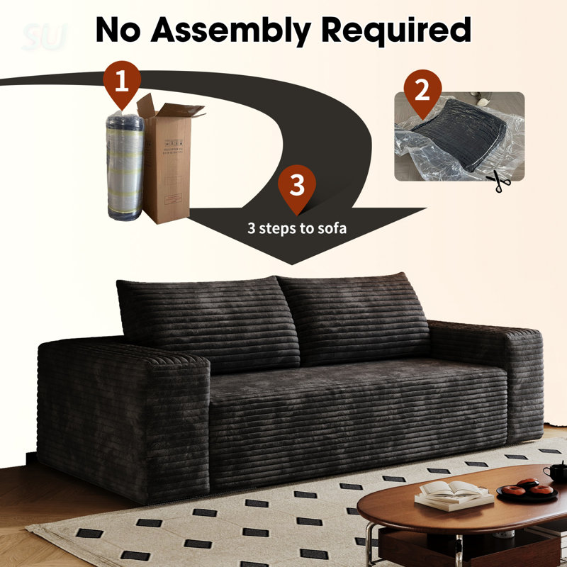 Boneless 63 Inch Corduroy Fabric Deep Seat Loveseat Sofa, No Assembly Required, For Living Room And Bedroom Comfort, Black