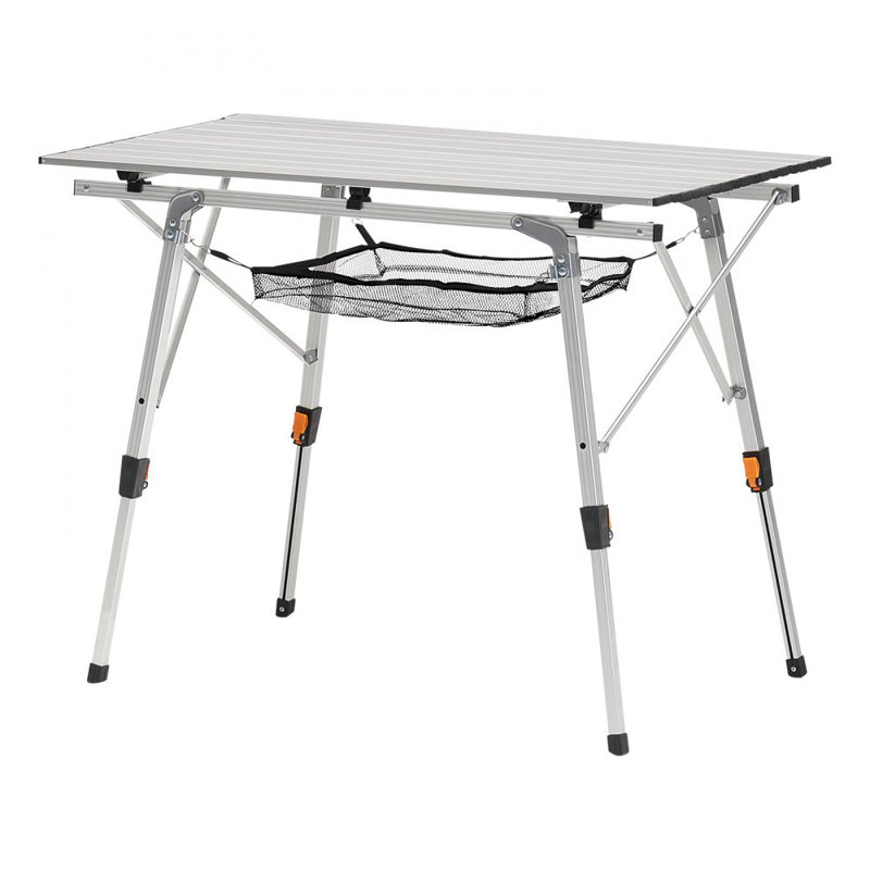 Folding Camping Table, Portable Roll Up Side Tables, Lightweight Aluminum Beach Table with Adjustable Height, Top Mesh Layer and Carry Bag, For Outdoor BBQ Tailgating Picnic, Travel, Silver