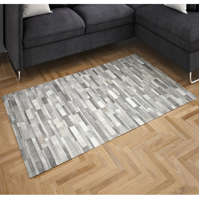Tapis géométrique moderne en peau de vache gris et beige, Rectangle 9 pi x 12 pi