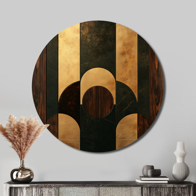 Geometric Walnut Essential Forms I - Modern Round Metal Wall Art, Modern Gold Metal Art Print