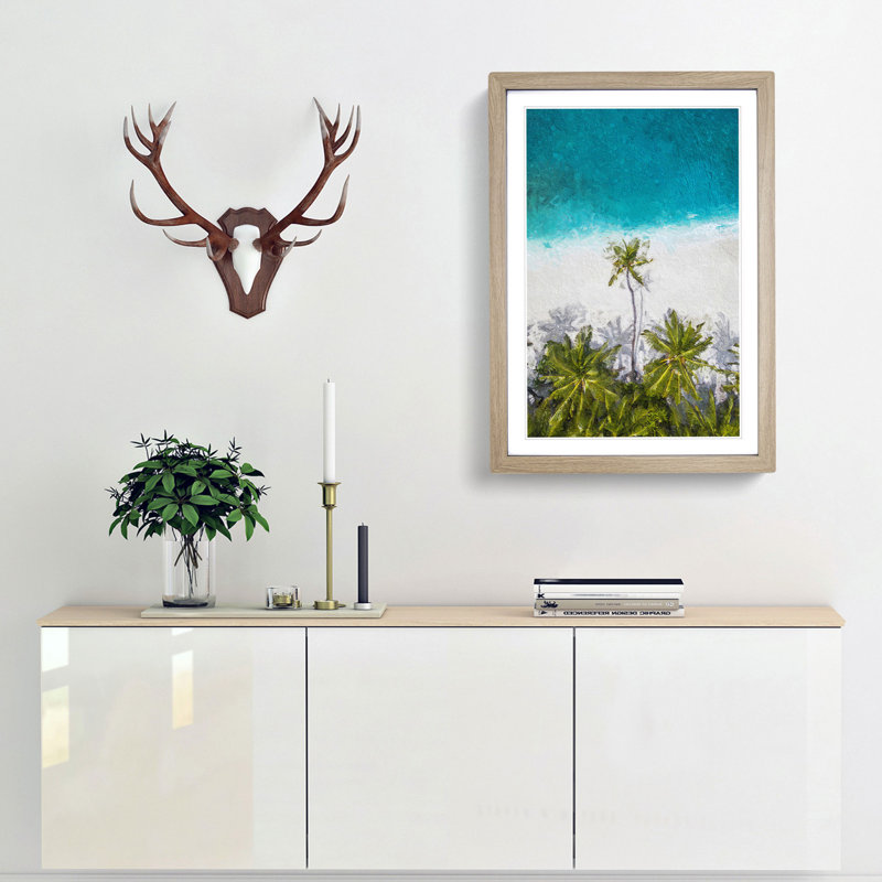 Palm Tree Beach in the Maldives - Framed Print, 65cm H x 48cm W x 2cm D, Oak Framed