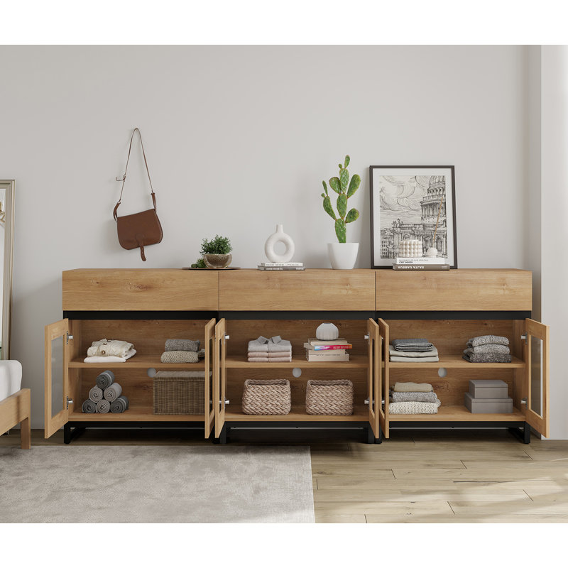 Modern TV Stand With Glass Doors For 110 Inch Tvs, 3 In 1 Entertainment Center Console With 3 Drawers And Metal Base For Living Room, Bedroom