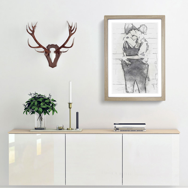 Kissing Policemen in Abstract by Banksy - Picture Frame Graphic Art Print, 60cm H x 40cm W x 2cm D, Oak