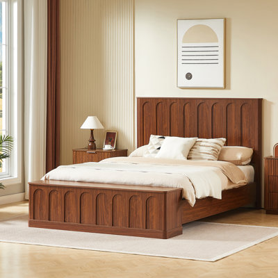 Queen Size Bed Frame with Storage, Mid-Century Modern Wood Platform Bed with Footboard Bench, Arched Panel Design