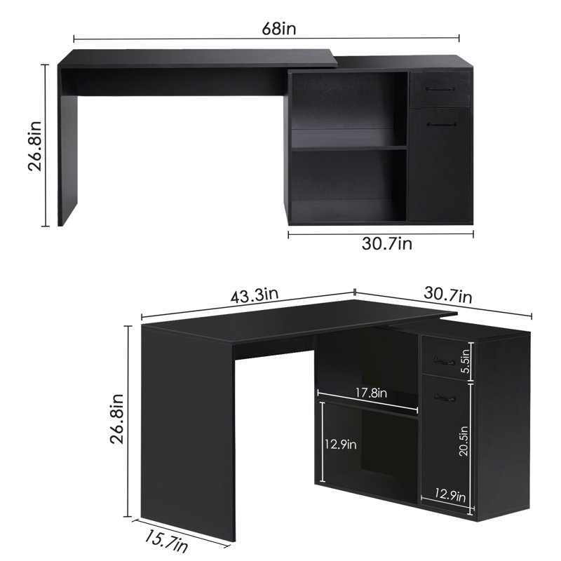 Bureau d'ordinateur en L avec 4 rangements Selena, Noir