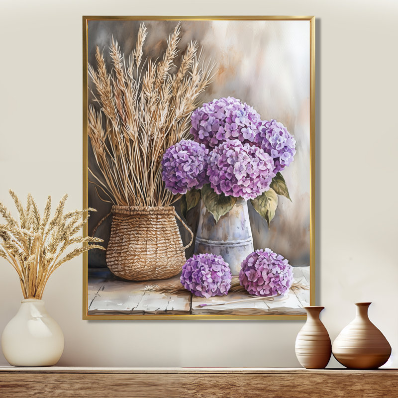 Mullen hortensias et bouquet d'herbes de pampa II - hortensia, art mural, Reproduction avec cadre flottant, H 20 po x l 12 po