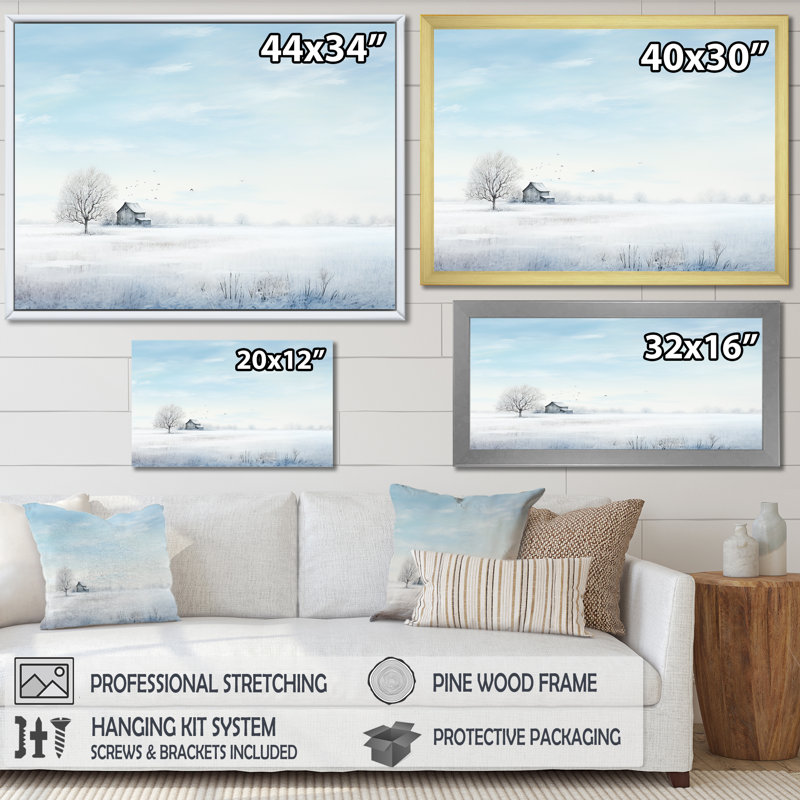 Paysage d'hiver, minimalisme sur toile, Cadre flottant blanc, H 24 po x l 32 po x P 1 po